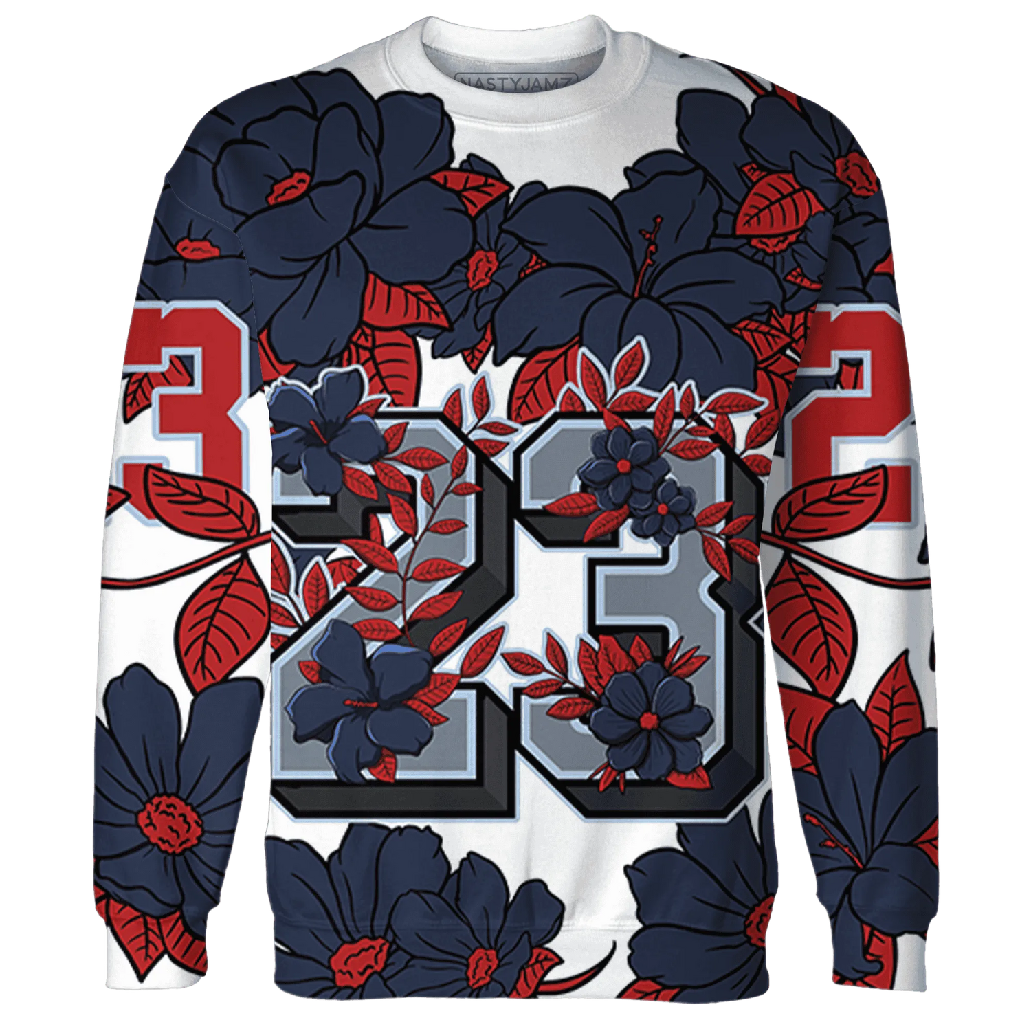 White-Navy-6s-Sweatshirt-Match-23-Floral-3D-Flower