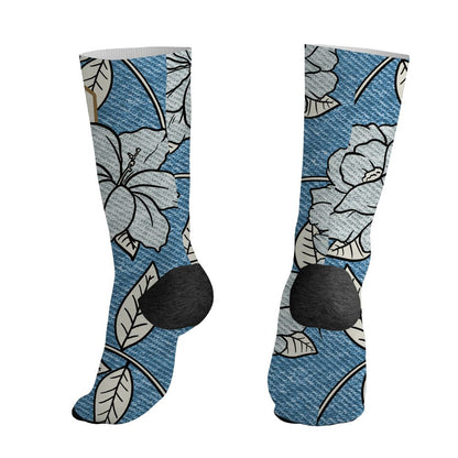 Denim-Worn-Blue-4s-NastyJamz-Socks-Match-23-Floral-3D-All-Over-Print-Flower