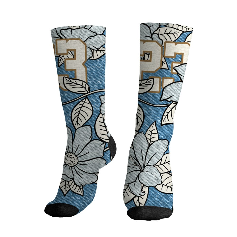 Denim-Worn-Blue-4s-NastyJamz-Socks-Match-23-Floral-3D-All-Over-Print-Flower