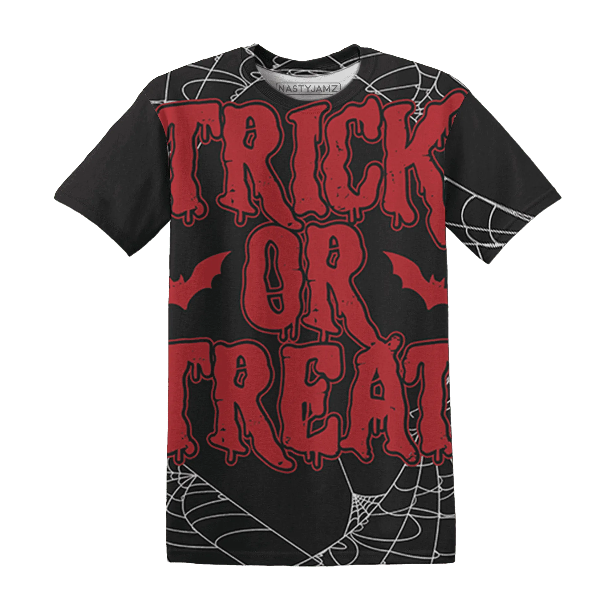Black-Toe-Reimagined-Red-White-1s-NastyJamz-T-Shirt-Match-Trick-Or-Treat-3D