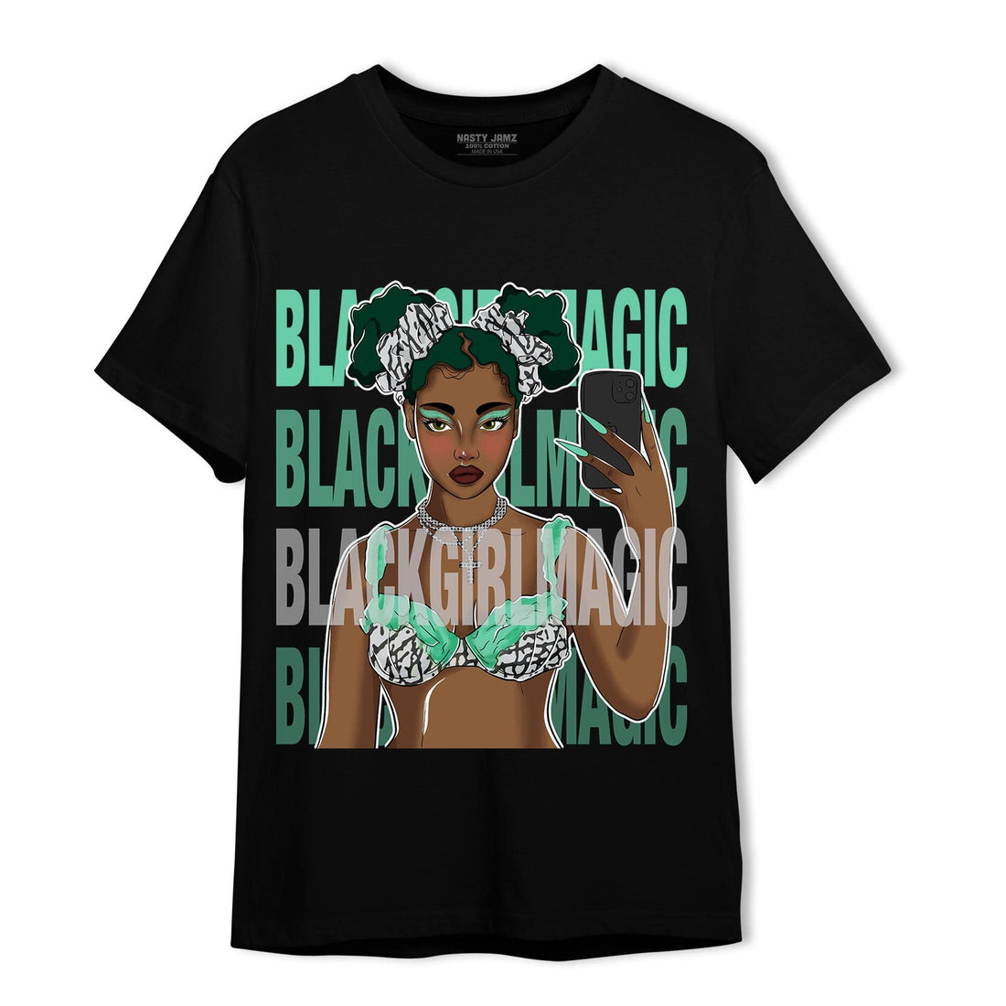 Green Glow 3s T Shirt Match Black Magic Girl Selfie - NastyJamz