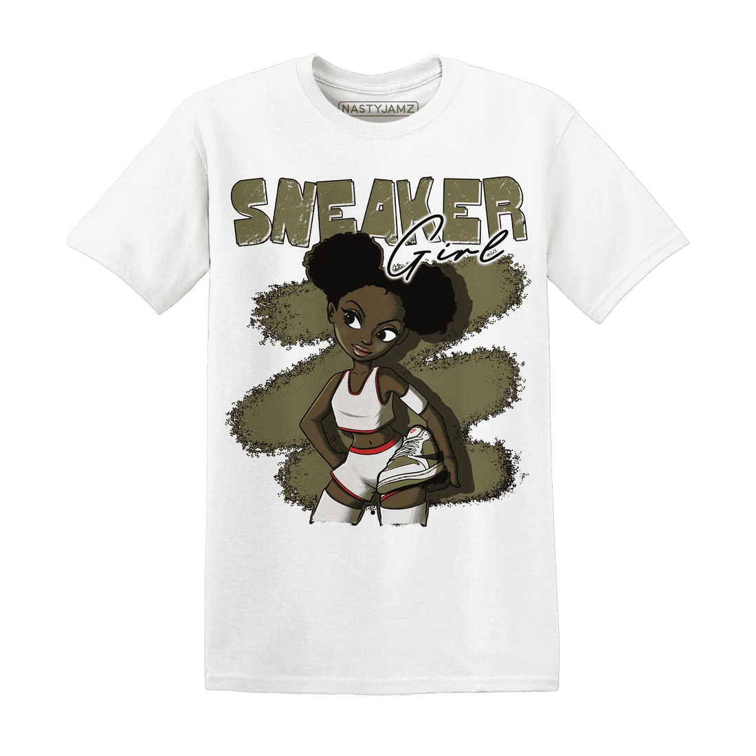 NastyJamz-Medium-Olive-1s-T-Shirt-Match-Black-Sneaker-Girl