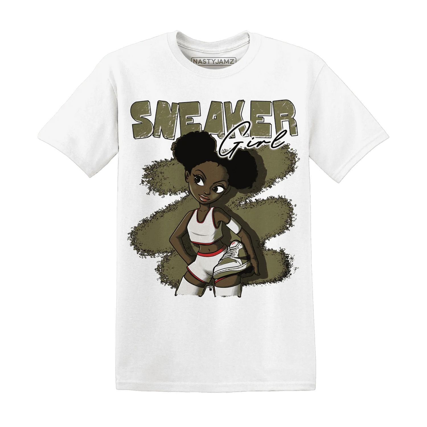 NastyJamz-Medium-Olive-1s-T-Shirt-Match-Black-Sneaker-Girl