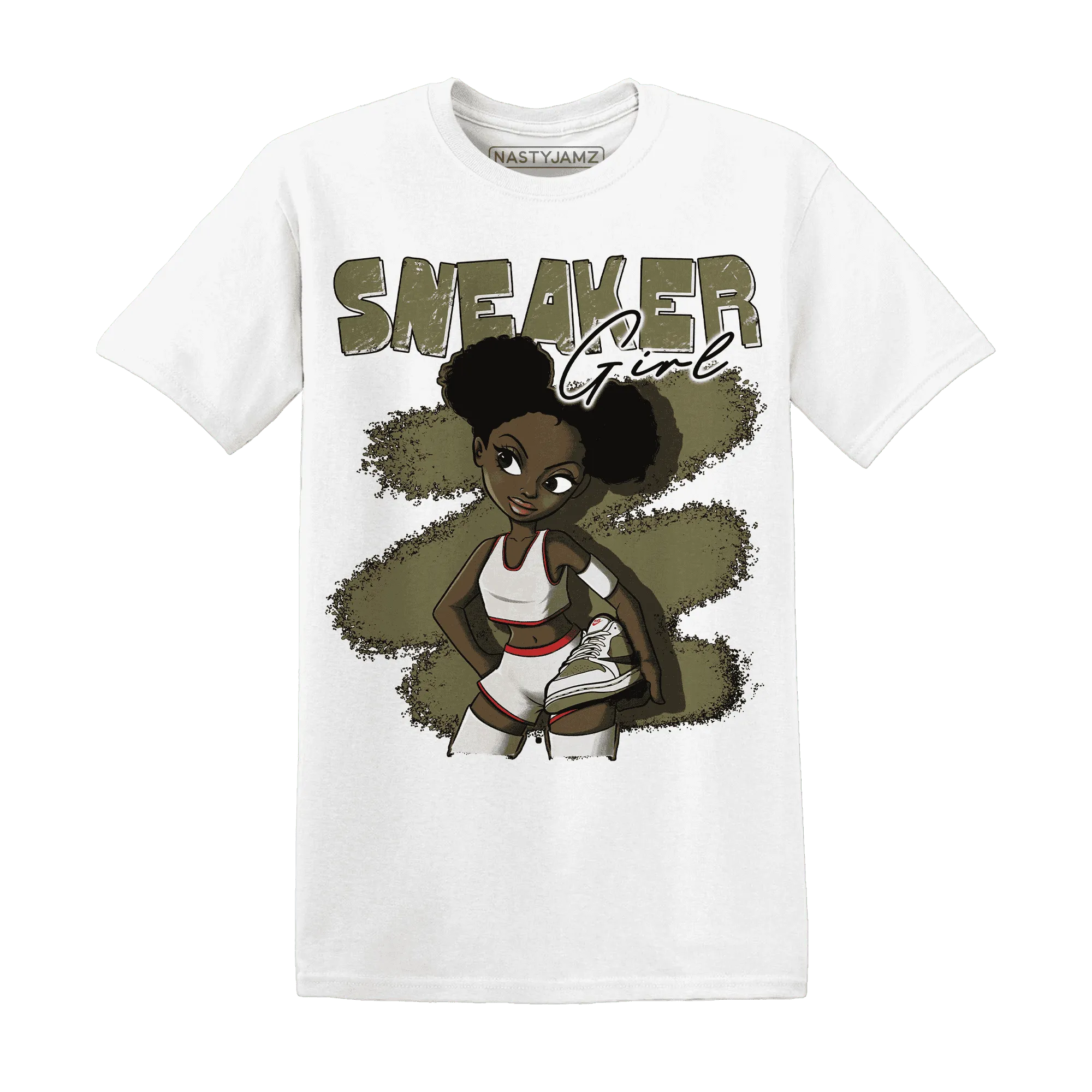 NastyJamz-Medium-Olive-1s-T-Shirt-Match-Black-Sneaker-Girl