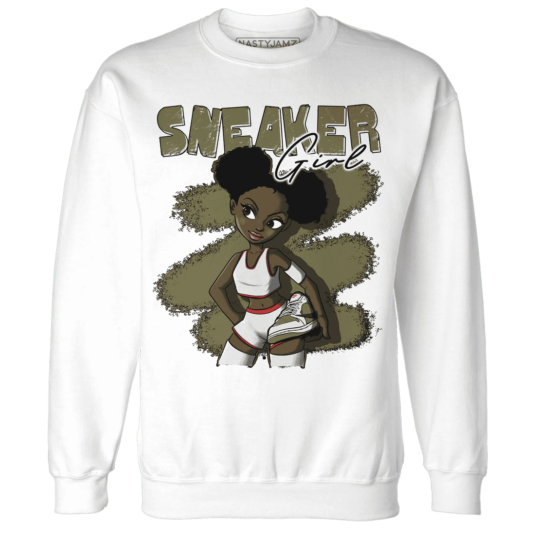 NastyJamz-Medium-Olive-1s-Sweatshirt-Match-Black-Sneaker-Girl