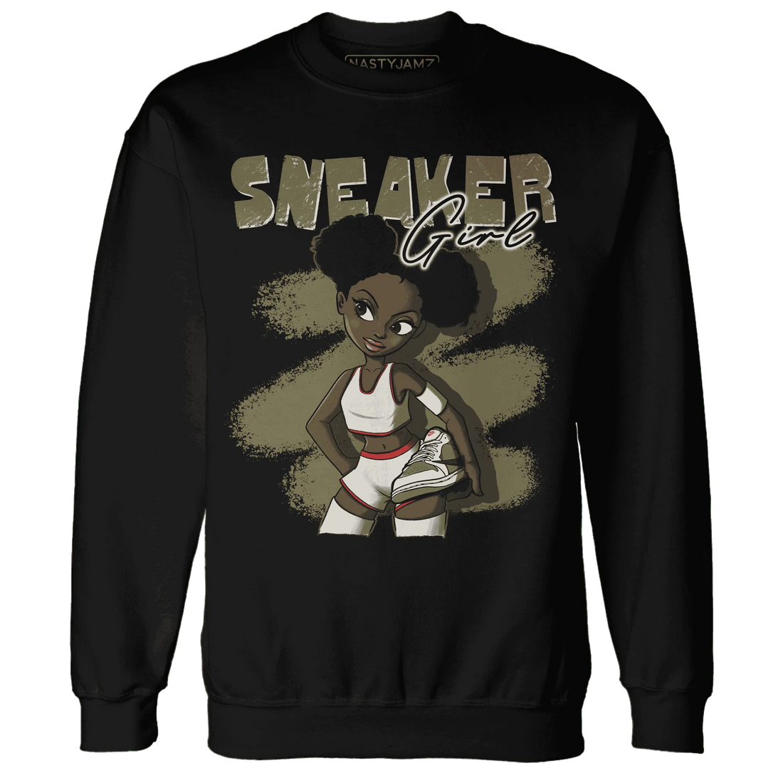 NastyJamz-Medium-Olive-1s-Sweatshirt-Match-Black-Sneaker-Girl
