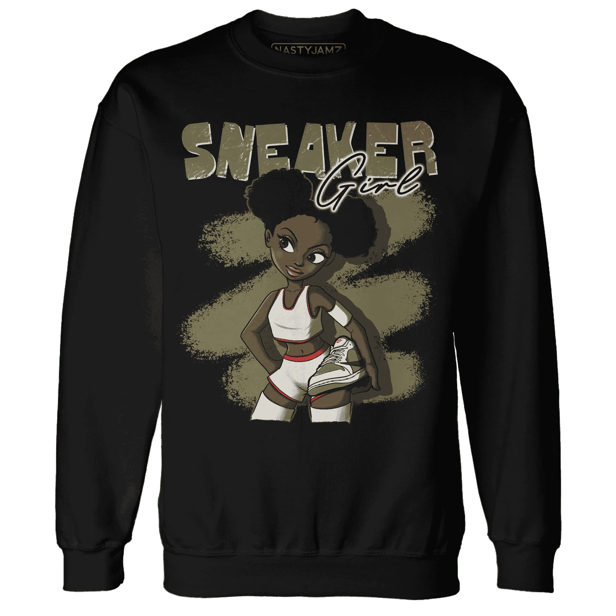NastyJamz-Medium-Olive-1s-Sweatshirt-Match-Black-Sneaker-Girl