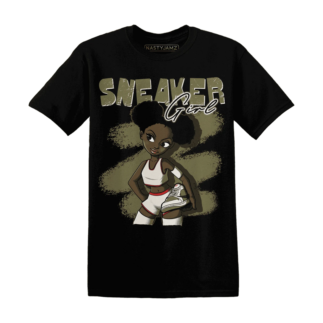 NastyJamz-Medium-Olive-1s-T-Shirt-Match-Black-Sneaker-Girl