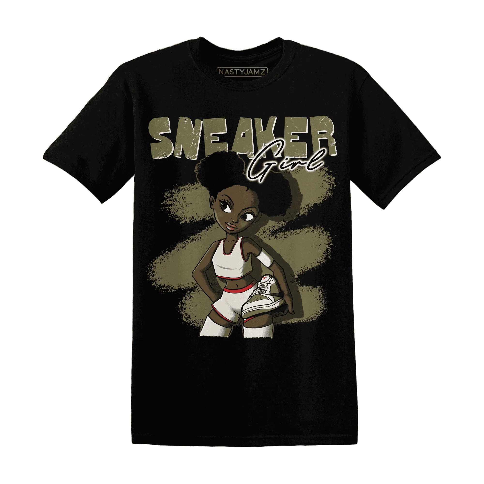 NastyJamz-Medium-Olive-1s-T-Shirt-Match-Black-Sneaker-Girl