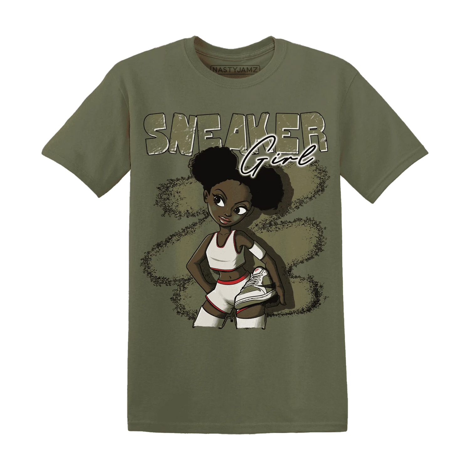 NastyJamz-Medium-Olive-1s-T-Shirt-Match-Black-Sneaker-Girl