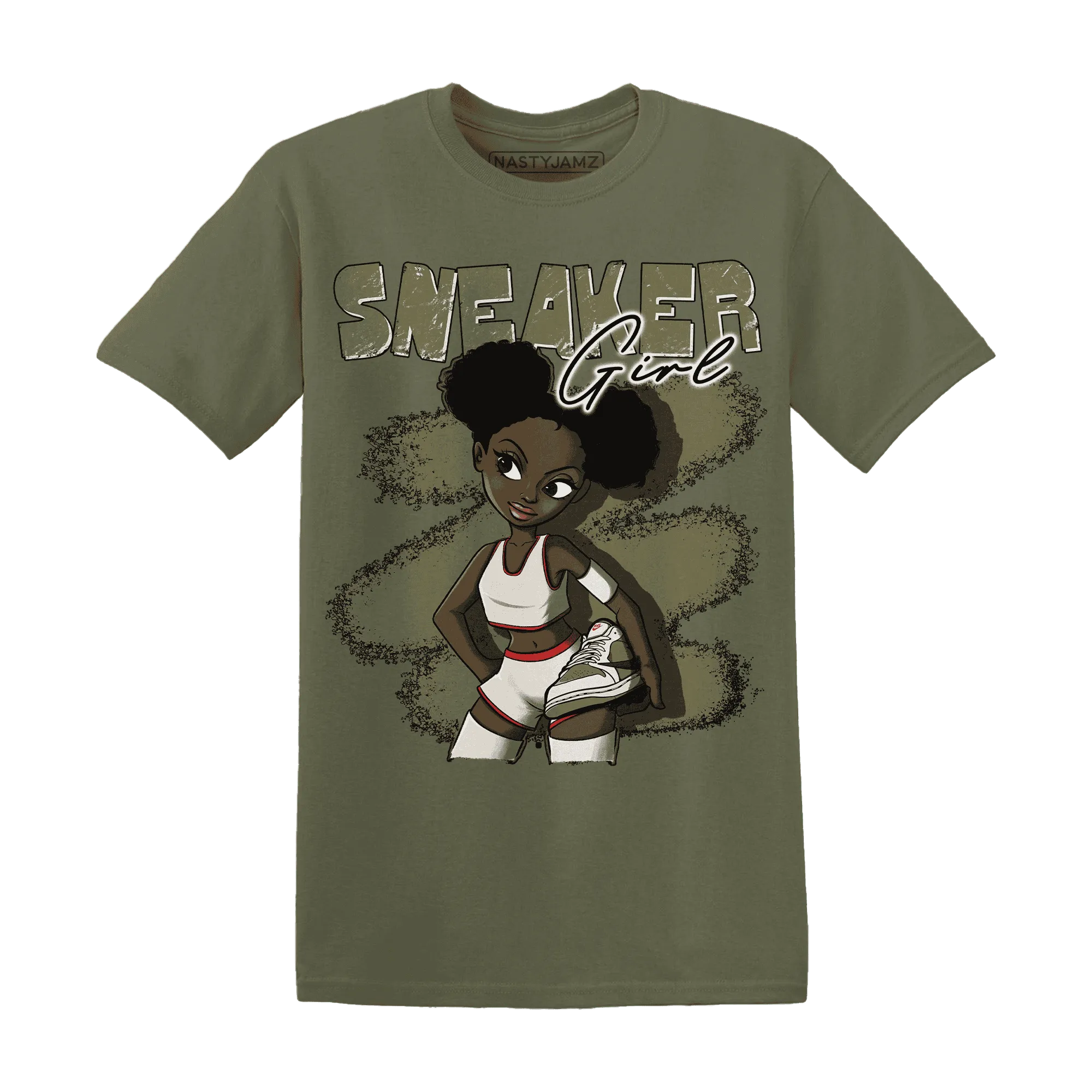 NastyJamz-Medium-Olive-1s-T-Shirt-Match-Black-Sneaker-Girl