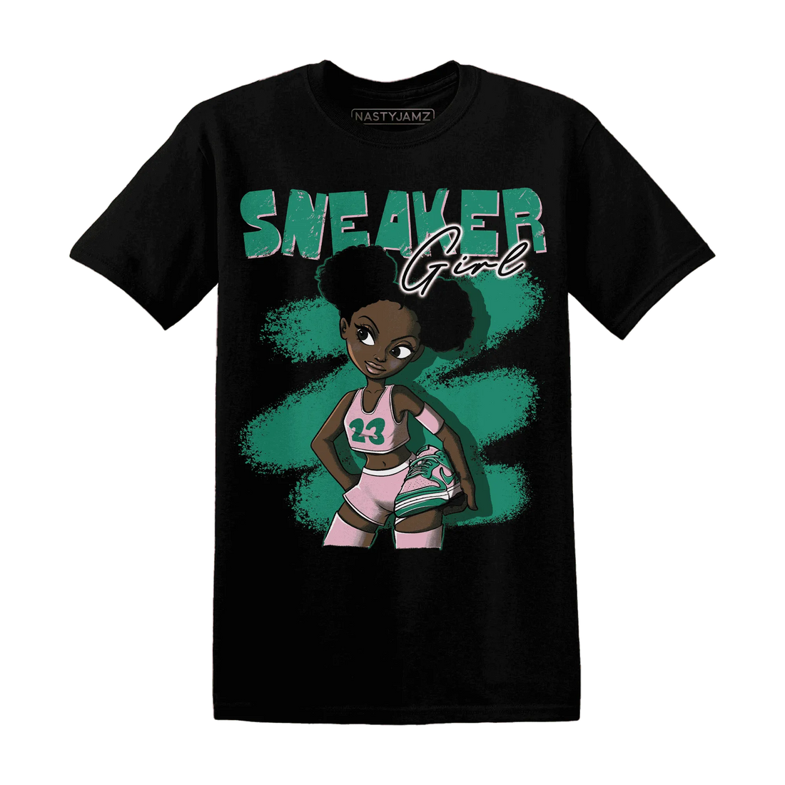 NastyJamz-Dunk-Pink-Malachite-Medium-Soft-Low-Sail-T-Shirt-Match-Black-Sneaker-Girl