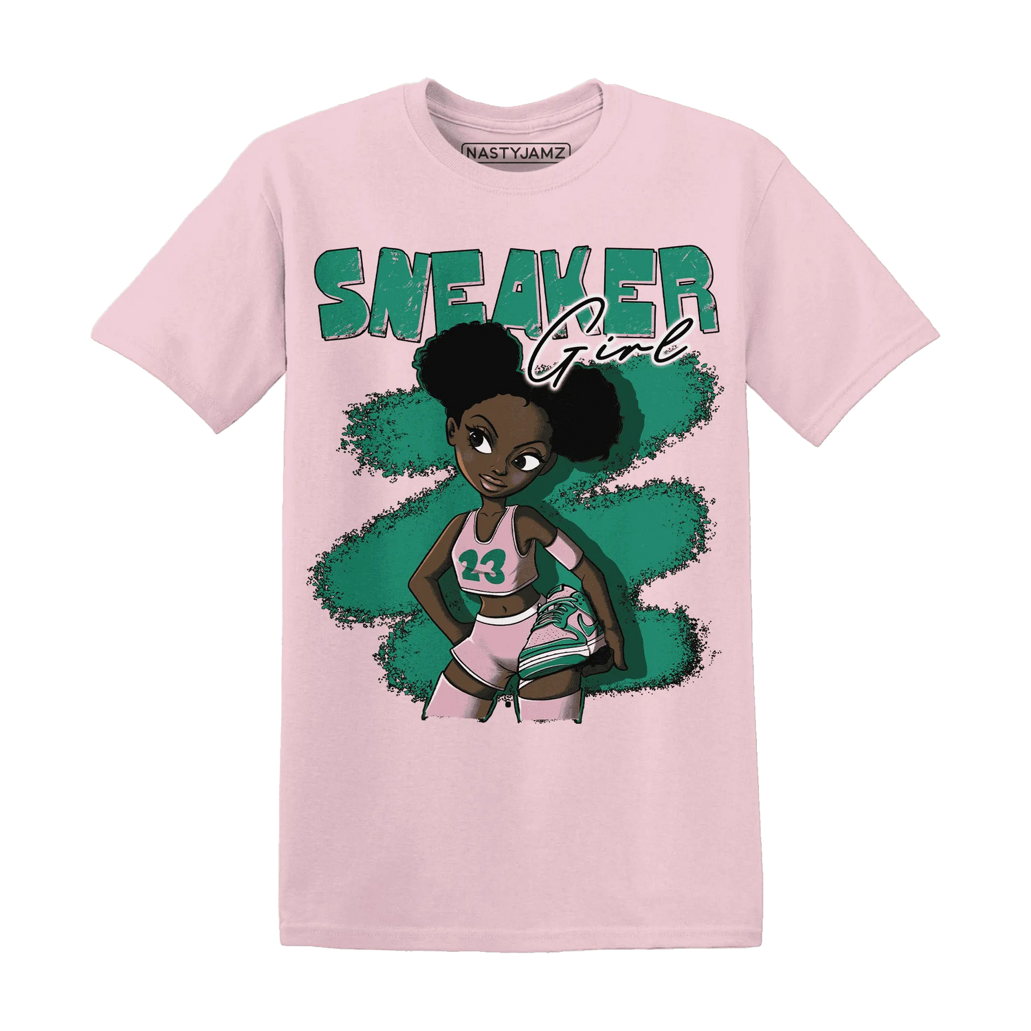 NastyJamz-Dunk-Pink-Malachite-Medium-Soft-Low-Sail-T-Shirt-Match-Black-Sneaker-Girl