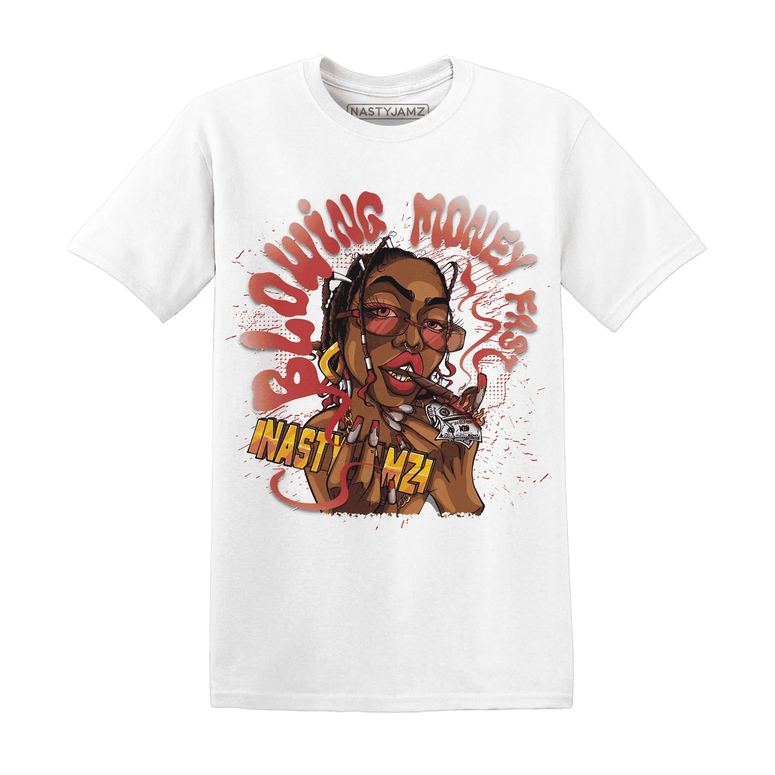Black-Toe-Reimagined-Red-White-1s-NastyJamz-T-Shirt-Match-Blowing-Money-Fast-Girl