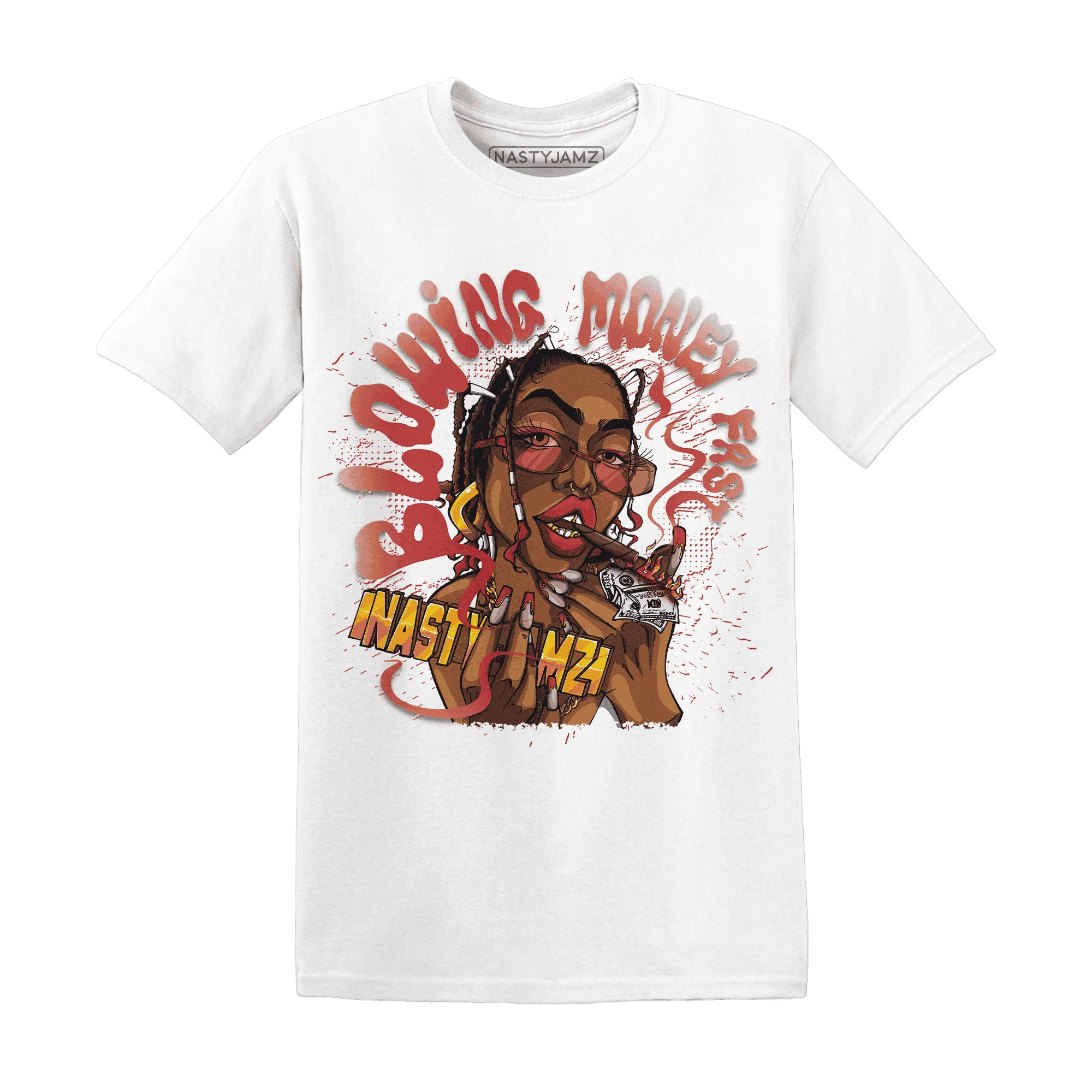 Black-Toe-Reimagined-Red-White-1s-NastyJamz-T-Shirt-Match-Blowing-Money-Fast-Girl