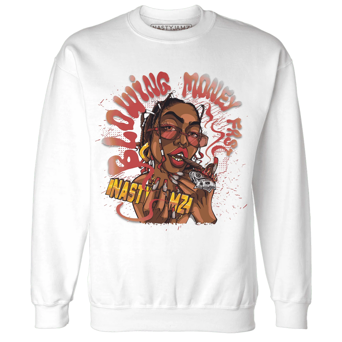 Black-Toe-Reimagined-Red-White-1s-NastyJamz-Sweatshirt-Match-Blowing-Money-Fast-Girl