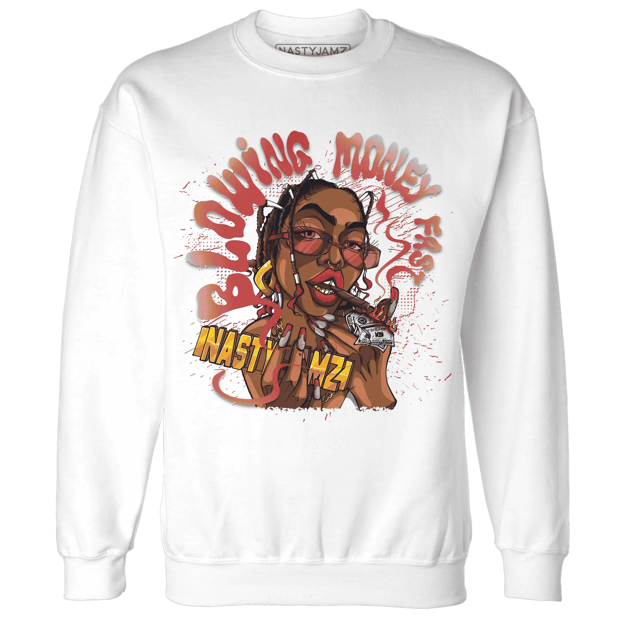 Black-Toe-Reimagined-Red-White-1s-NastyJamz-Sweatshirt-Match-Blowing-Money-Fast-Girl