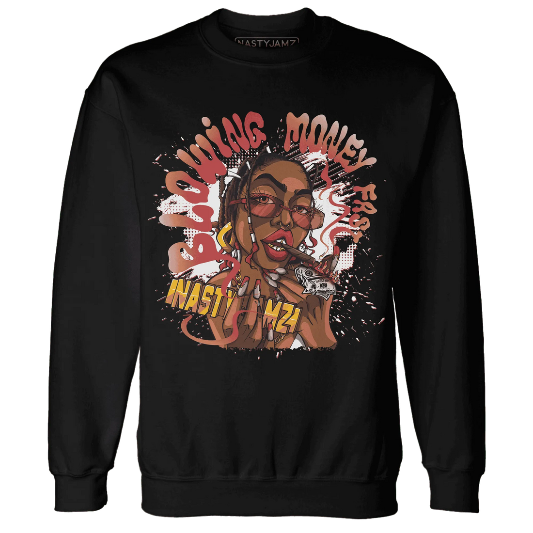 Black-Toe-Reimagined-Red-White-1s-NastyJamz-Sweatshirt-Match-Blowing-Money-Fast-Girl