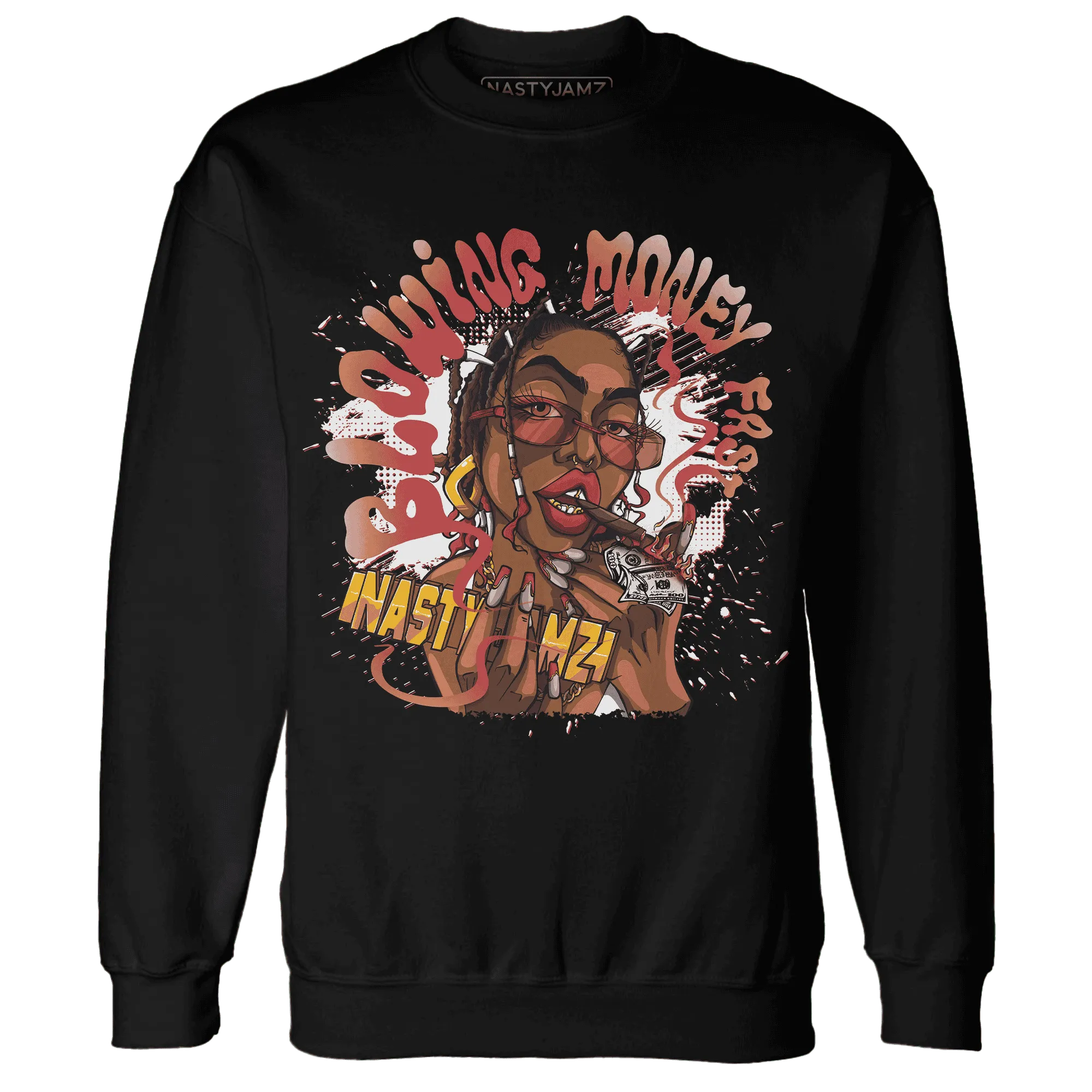 Black-Toe-Reimagined-Red-White-1s-NastyJamz-Sweatshirt-Match-Blowing-Money-Fast-Girl