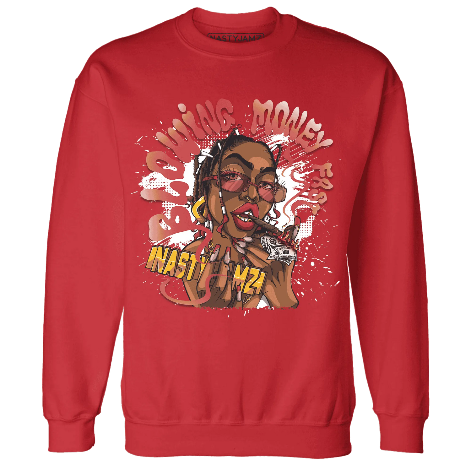 Black-Toe-Reimagined-Red-White-1s-NastyJamz-Sweatshirt-Match-Blowing-Money-Fast-Girl