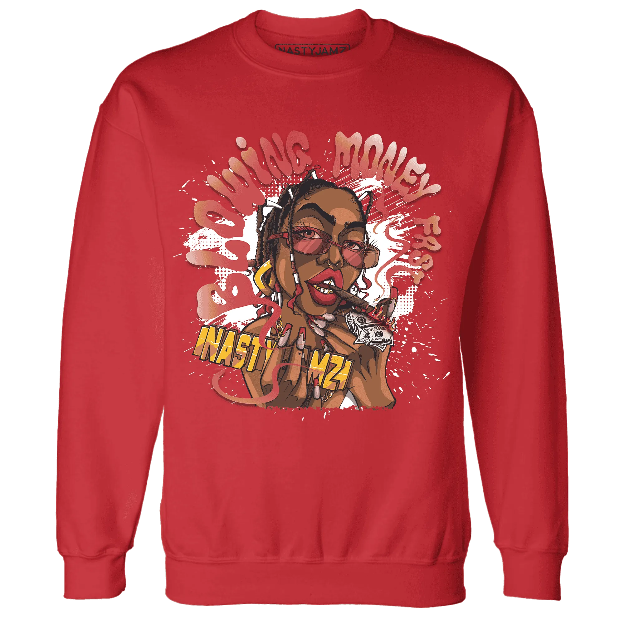 Black-Toe-Reimagined-Red-White-1s-NastyJamz-Sweatshirt-Match-Blowing-Money-Fast-Girl