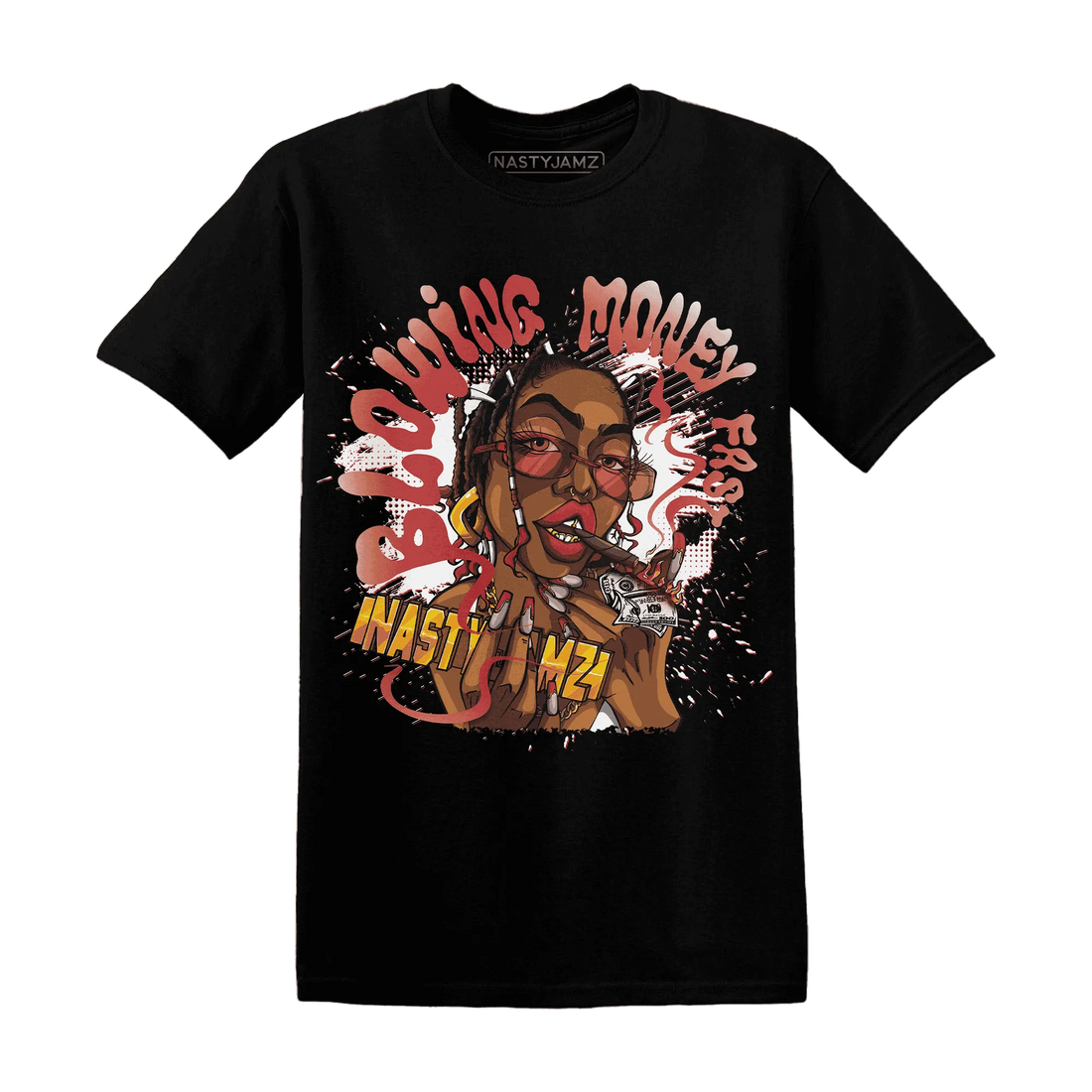Black-Toe-Reimagined-Red-White-1s-NastyJamz-T-Shirt-Match-Blowing-Money-Fast-Girl