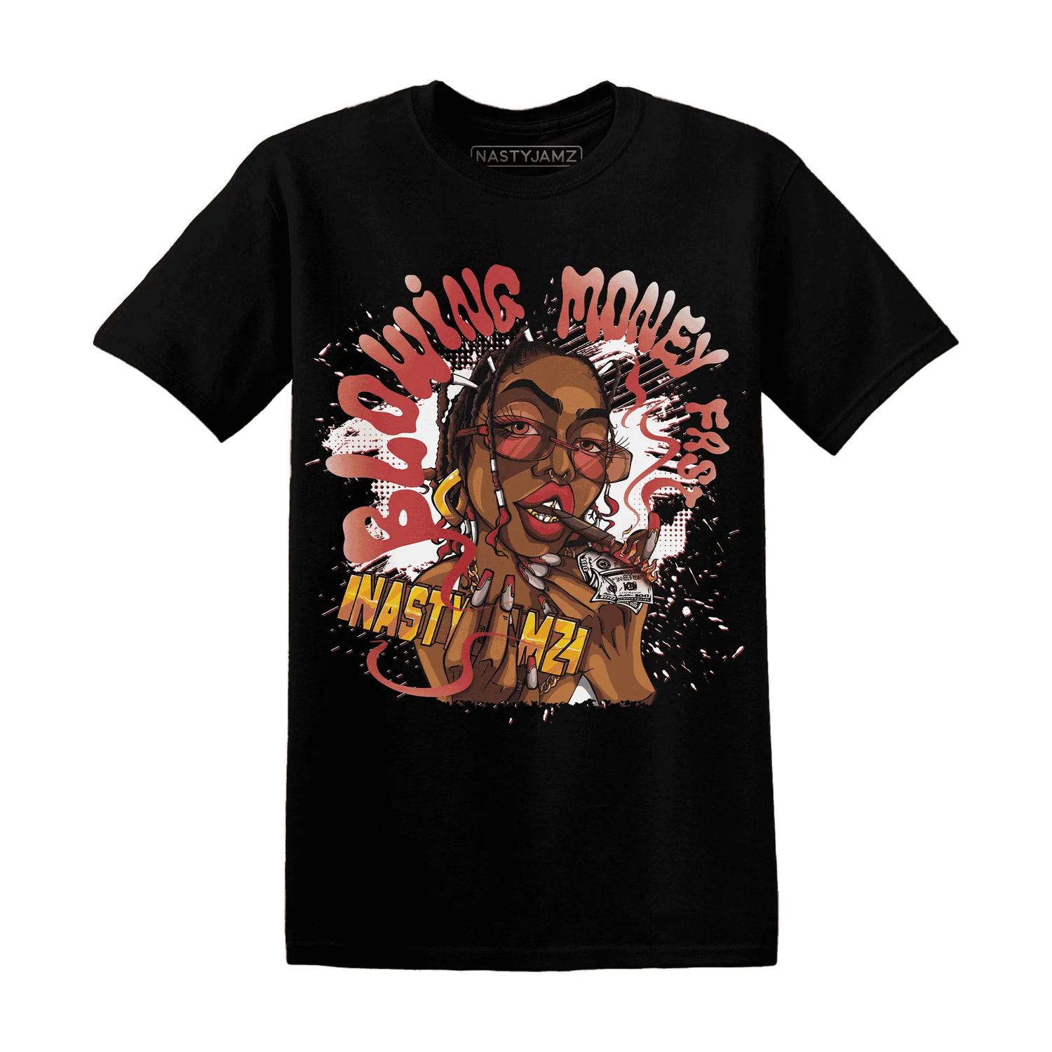 Black-Toe-Reimagined-Red-White-1s-NastyJamz-T-Shirt-Match-Blowing-Money-Fast-Girl