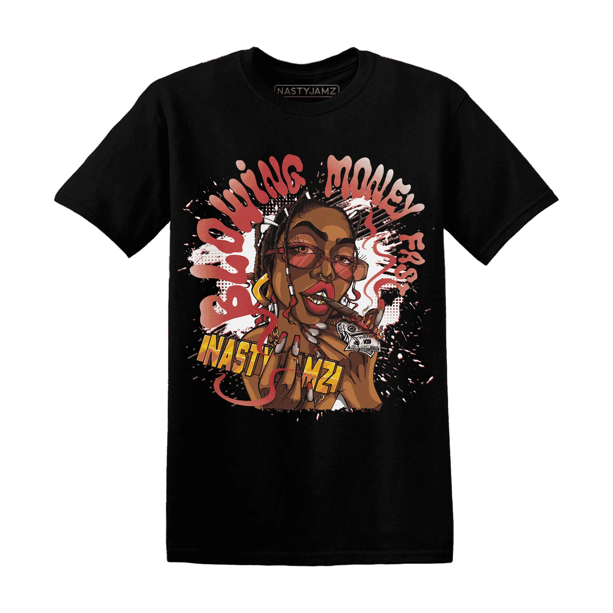 Black-Toe-Reimagined-Red-White-1s-NastyJamz-T-Shirt-Match-Blowing-Money-Fast-Girl