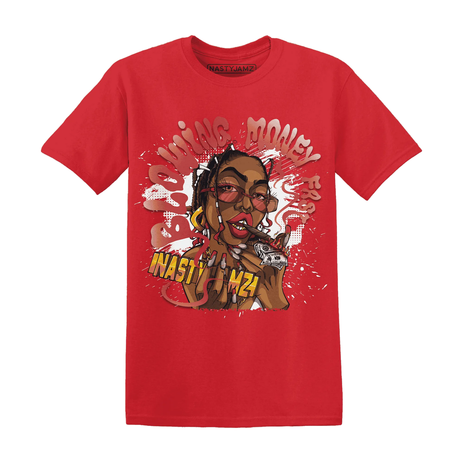 Black-Toe-Reimagined-Red-White-1s-NastyJamz-T-Shirt-Match-Blowing-Money-Fast-Girl