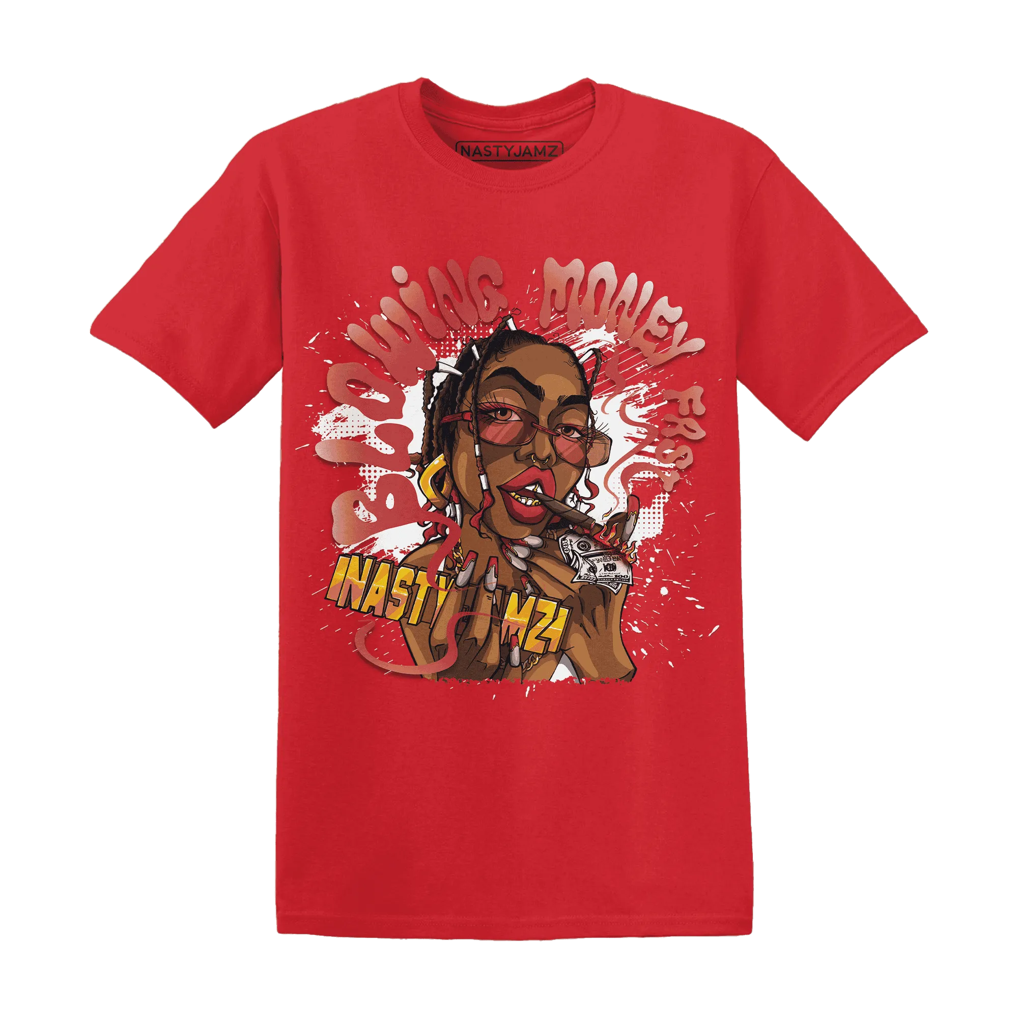 Black-Toe-Reimagined-Red-White-1s-NastyJamz-T-Shirt-Match-Blowing-Money-Fast-Girl