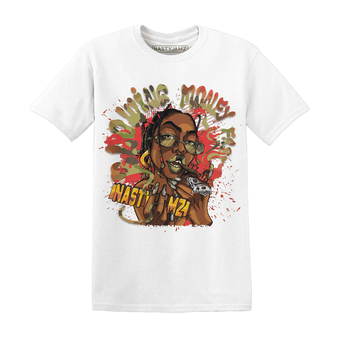 AM-90-Dark-Sage-Solar-Red-NastyJamz-T-Shirt-Match-Blowing-Money-Fast-Girl