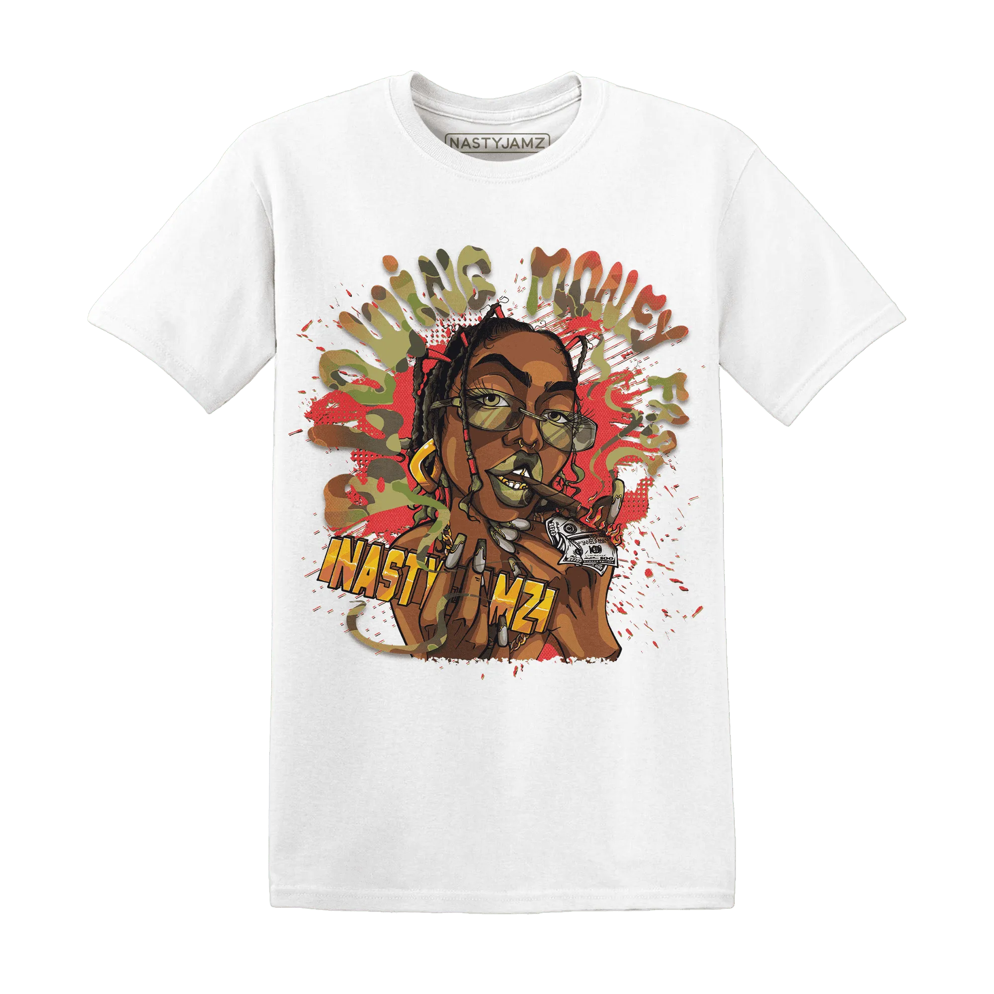 AM-90-Dark-Sage-Solar-Red-NastyJamz-T-Shirt-Match-Blowing-Money-Fast-Girl