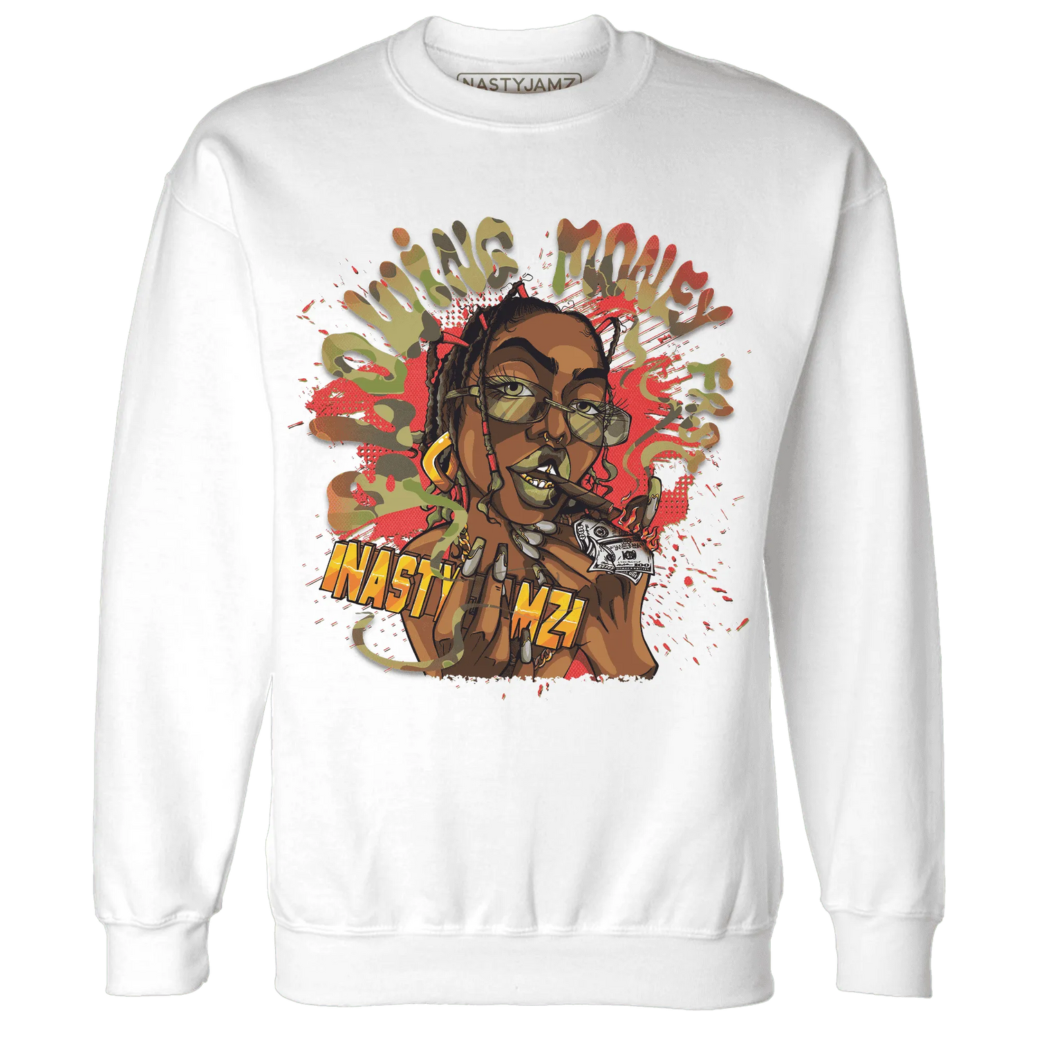 AM-90-Dark-Sage-Solar-Red-NastyJamz-Sweatshirt-Match-Blowing-Money-Fast-Girl