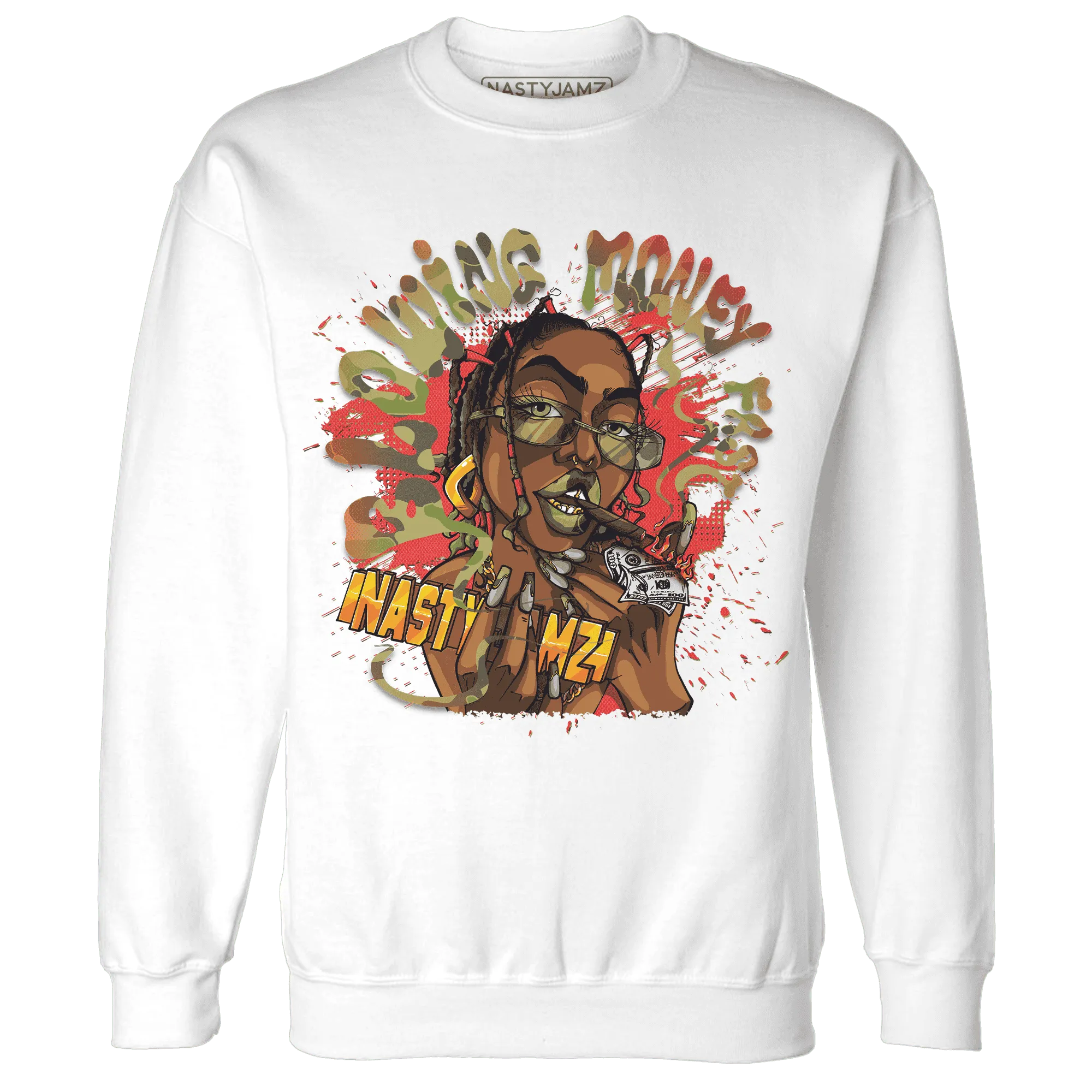 AM-90-Dark-Sage-Solar-Red-NastyJamz-Sweatshirt-Match-Blowing-Money-Fast-Girl