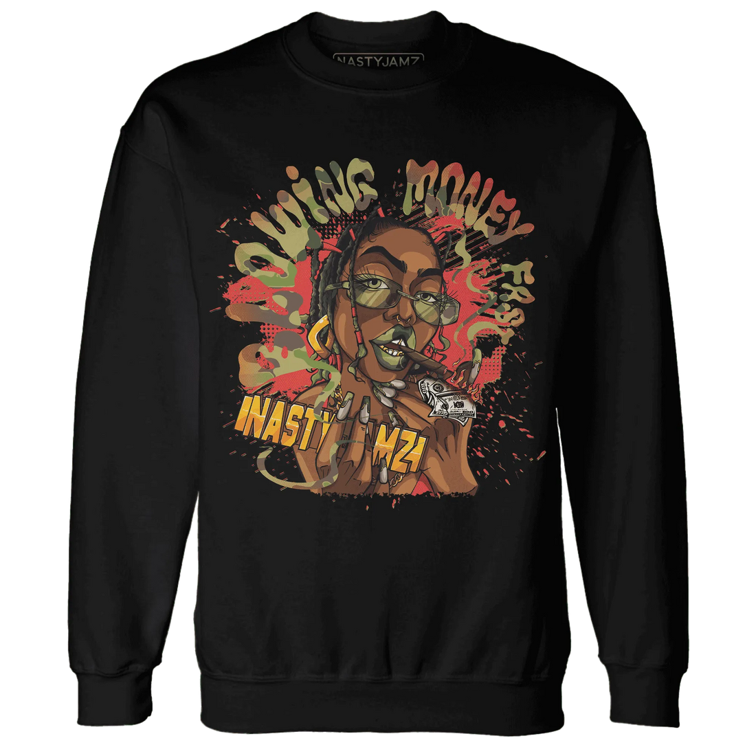 AM-90-Dark-Sage-Solar-Red-NastyJamz-Sweatshirt-Match-Blowing-Money-Fast-Girl