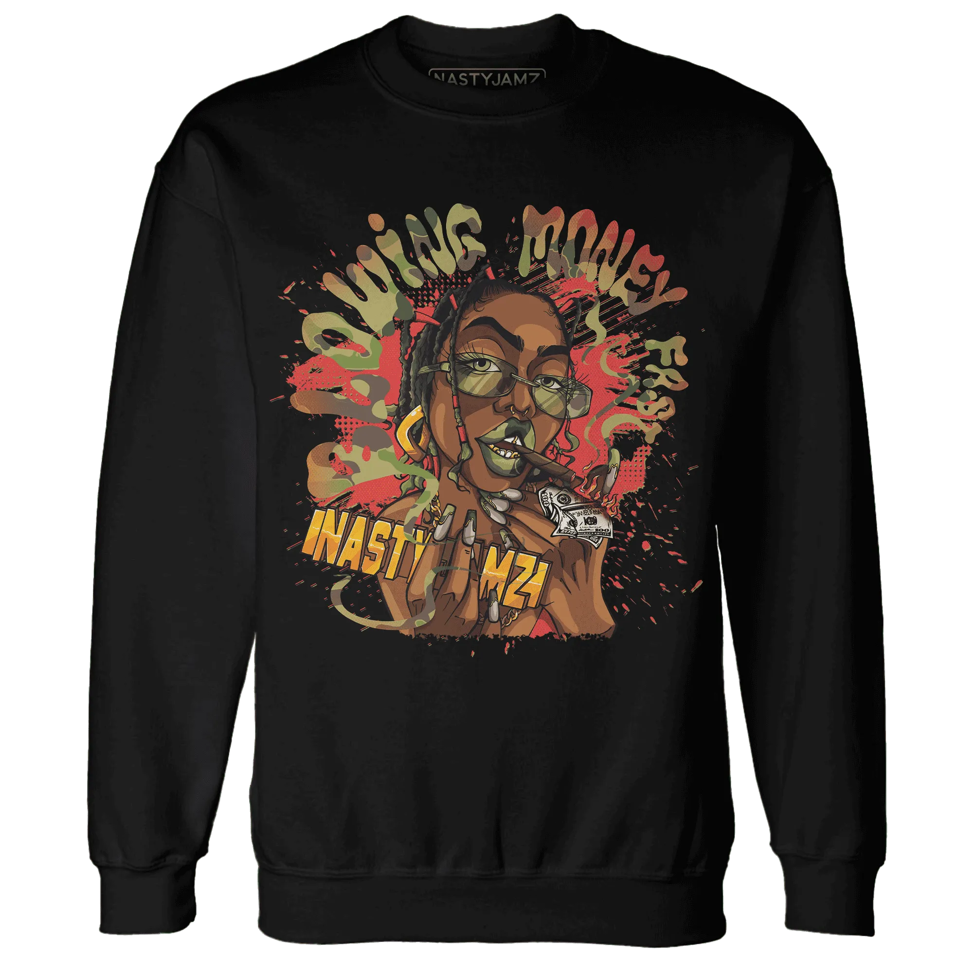 AM-90-Dark-Sage-Solar-Red-NastyJamz-Sweatshirt-Match-Blowing-Money-Fast-Girl
