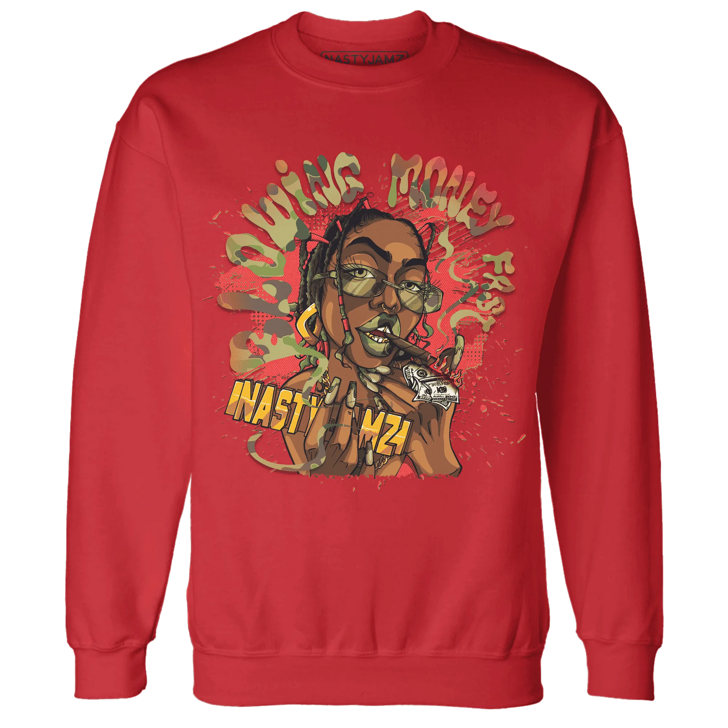 AM-90-Dark-Sage-Solar-Red-NastyJamz-Sweatshirt-Match-Blowing-Money-Fast-Girl