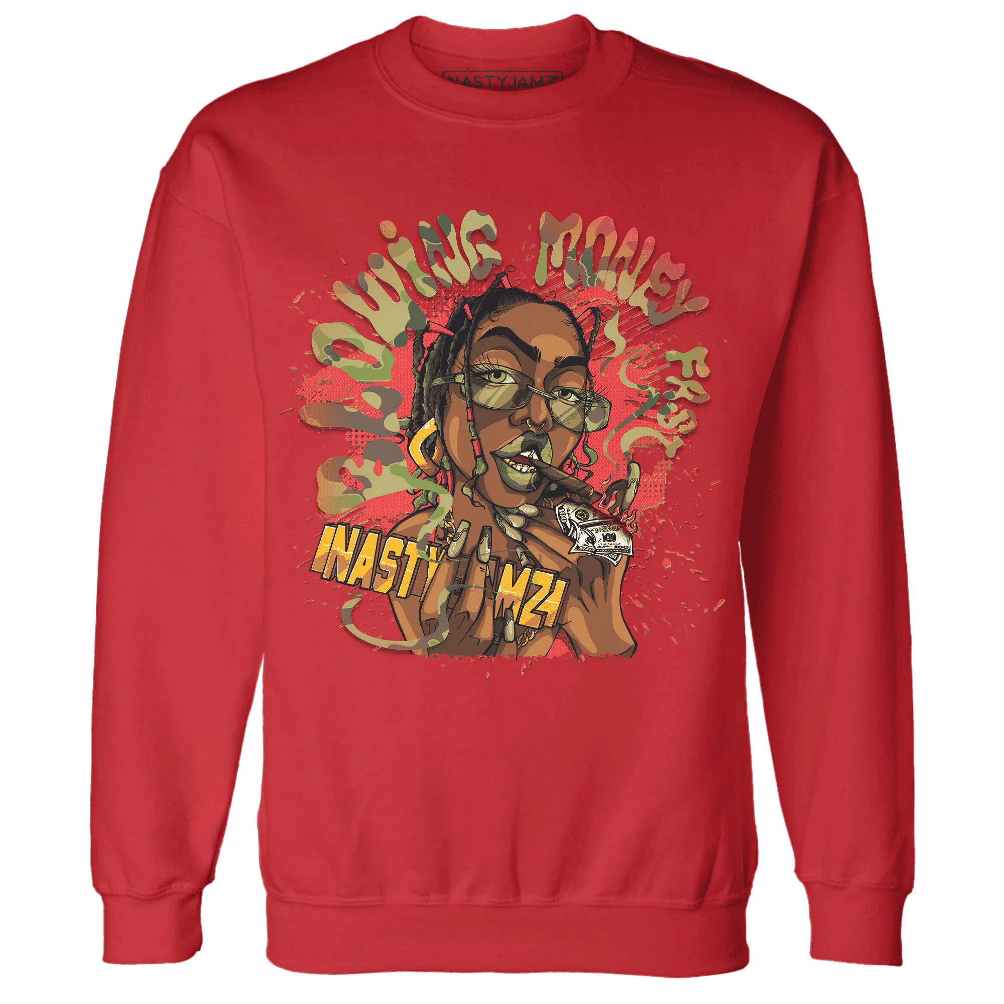 AM-90-Dark-Sage-Solar-Red-NastyJamz-Sweatshirt-Match-Blowing-Money-Fast-Girl