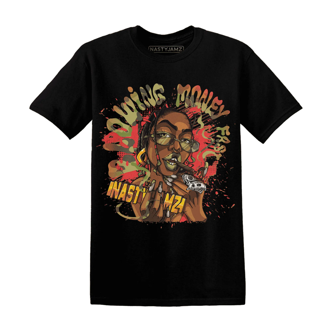 AM-90-Dark-Sage-Solar-Red-NastyJamz-T-Shirt-Match-Blowing-Money-Fast-Girl