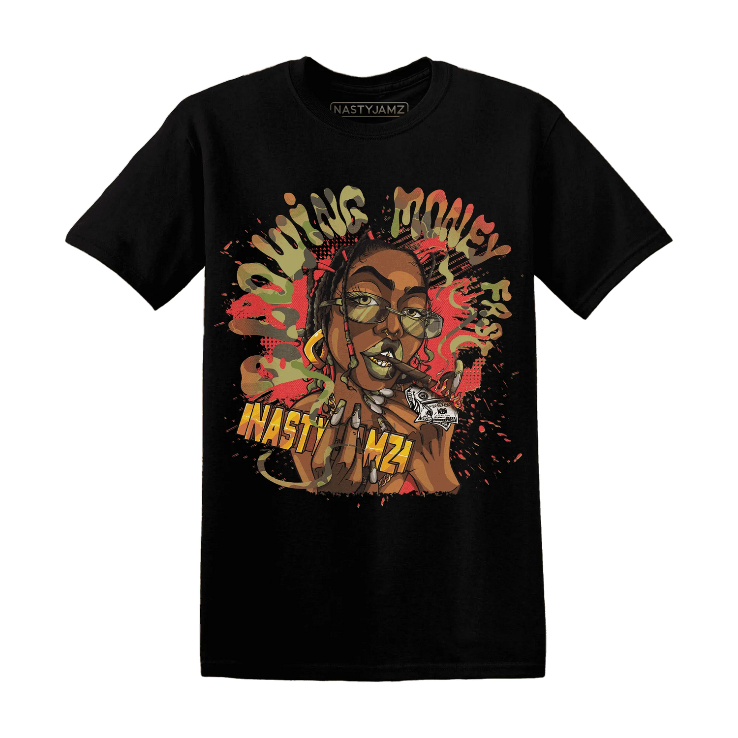 AM-90-Dark-Sage-Solar-Red-NastyJamz-T-Shirt-Match-Blowing-Money-Fast-Girl