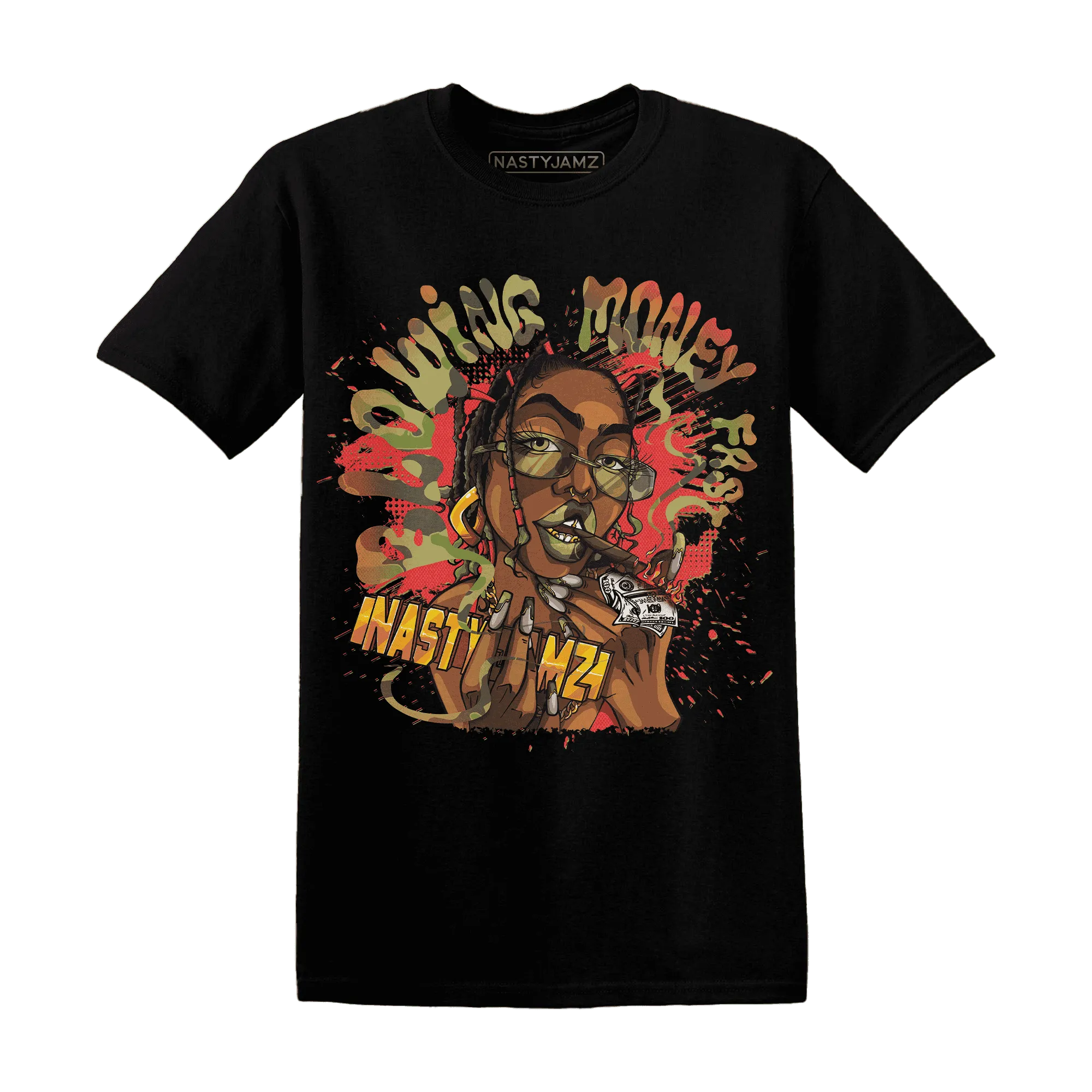 AM-90-Dark-Sage-Solar-Red-NastyJamz-T-Shirt-Match-Blowing-Money-Fast-Girl