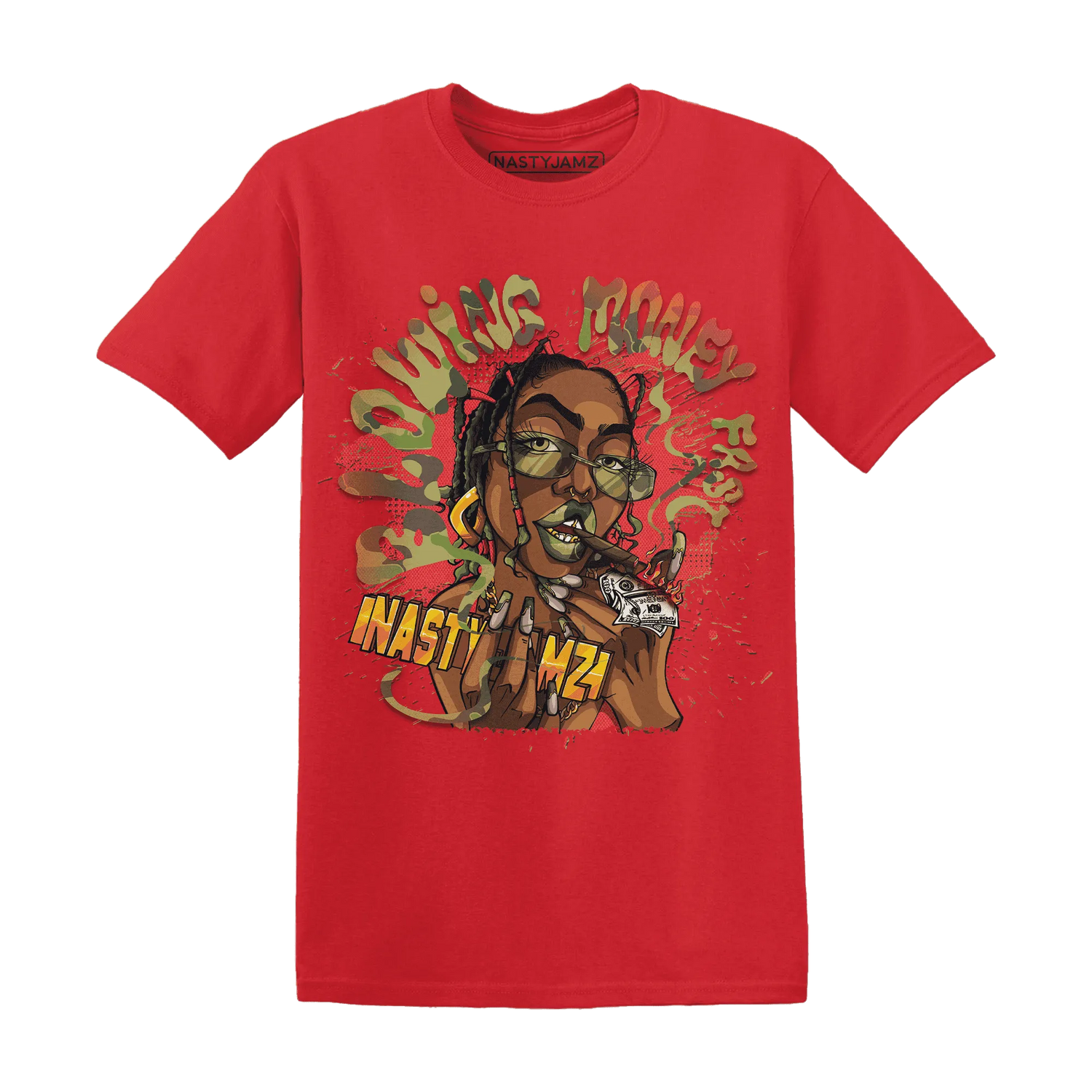 AM-90-Dark-Sage-Solar-Red-NastyJamz-T-Shirt-Match-Blowing-Money-Fast-Girl