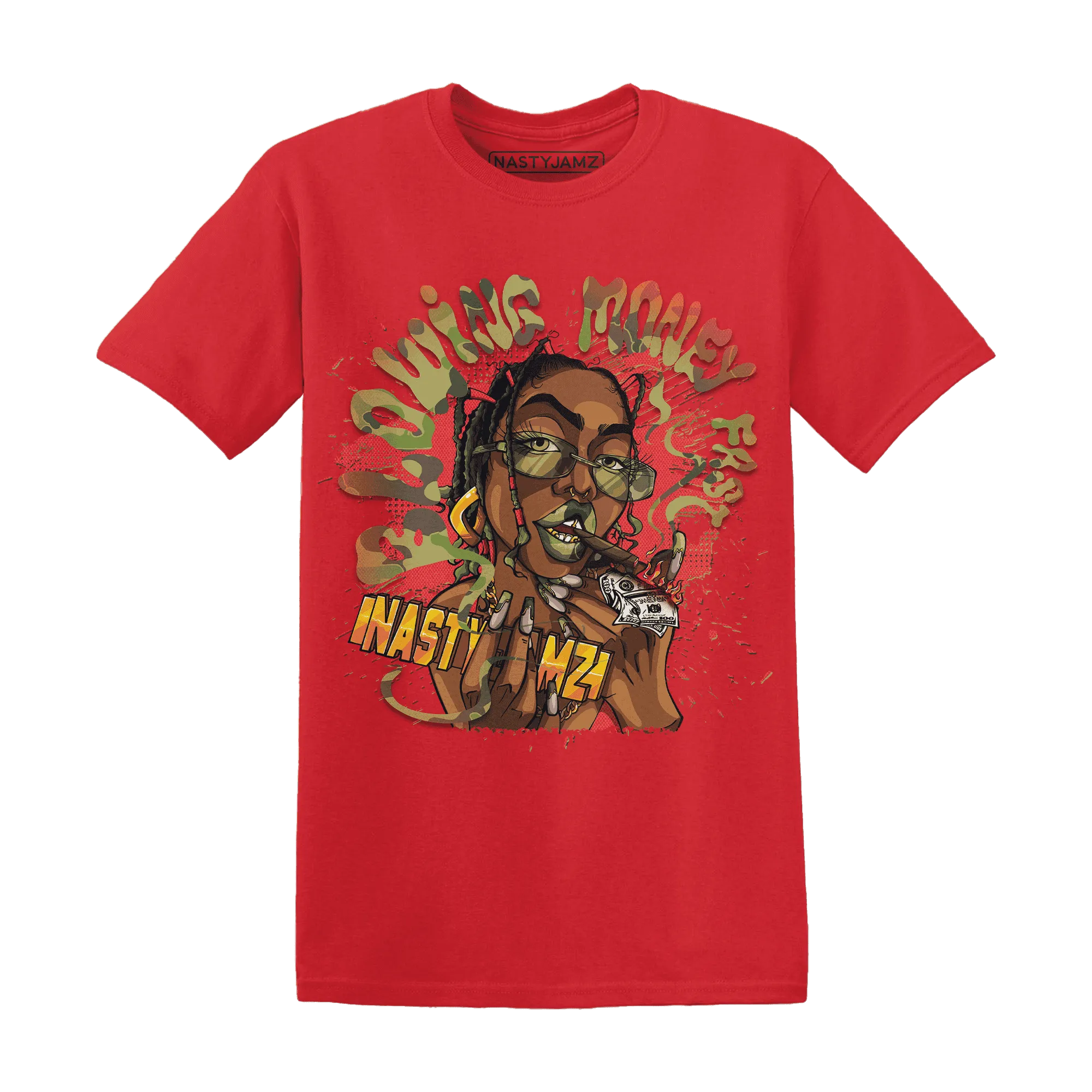 AM-90-Dark-Sage-Solar-Red-NastyJamz-T-Shirt-Match-Blowing-Money-Fast-Girl