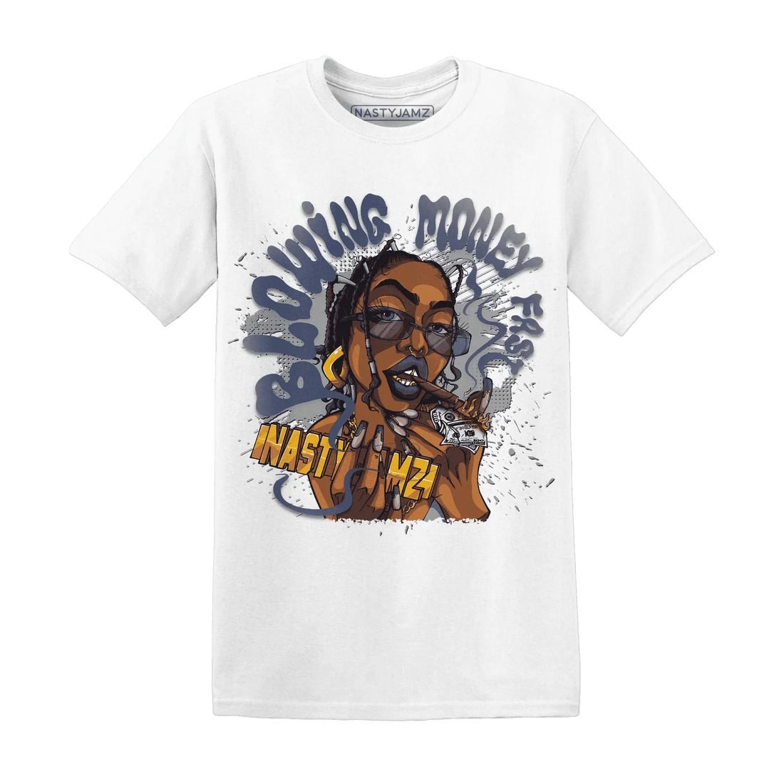 VaporMax-Plus-Midnight-Navy-White-Metallic-Silver-NastyJamz-T-Shirt-Match-Blowing-Money-Fast-Girl