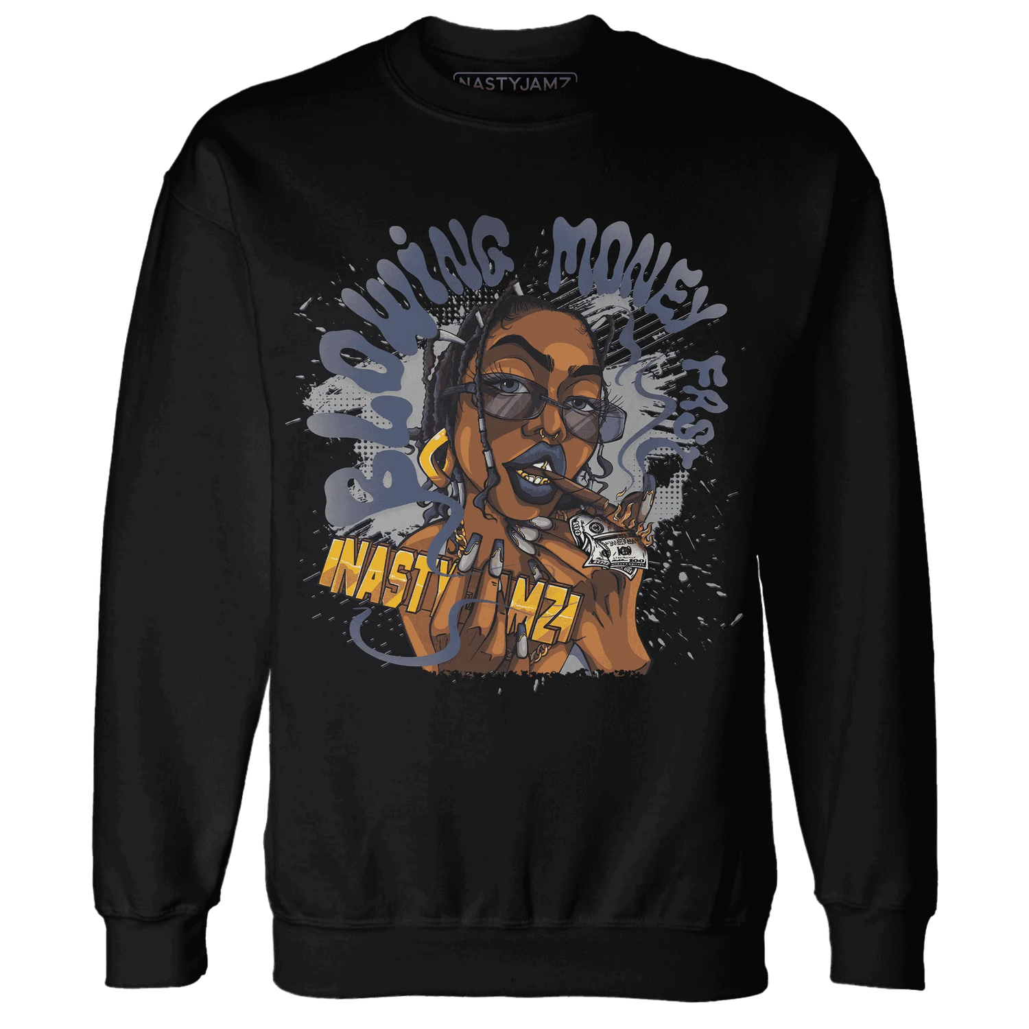 VaporMax-Plus-Midnight-Navy-White-Metallic-Silver-NastyJamz-Sweatshirt-Match-Blowing-Money-Fast-Girl