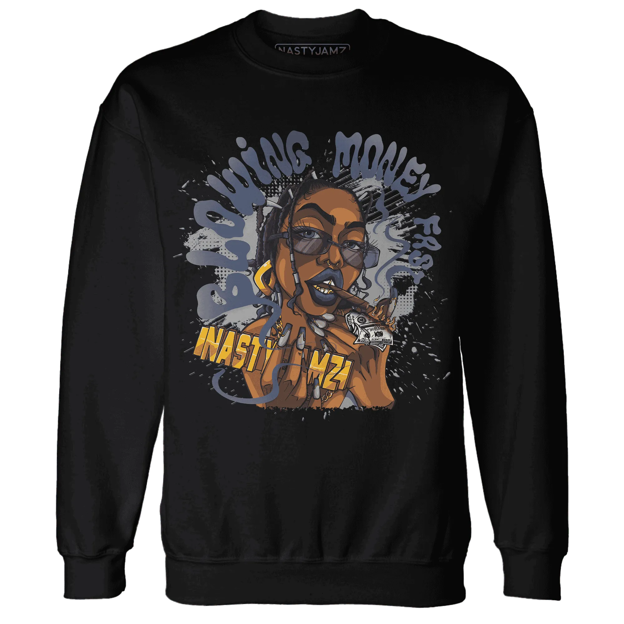VaporMax-Plus-Midnight-Navy-White-Metallic-Silver-NastyJamz-Sweatshirt-Match-Blowing-Money-Fast-Girl