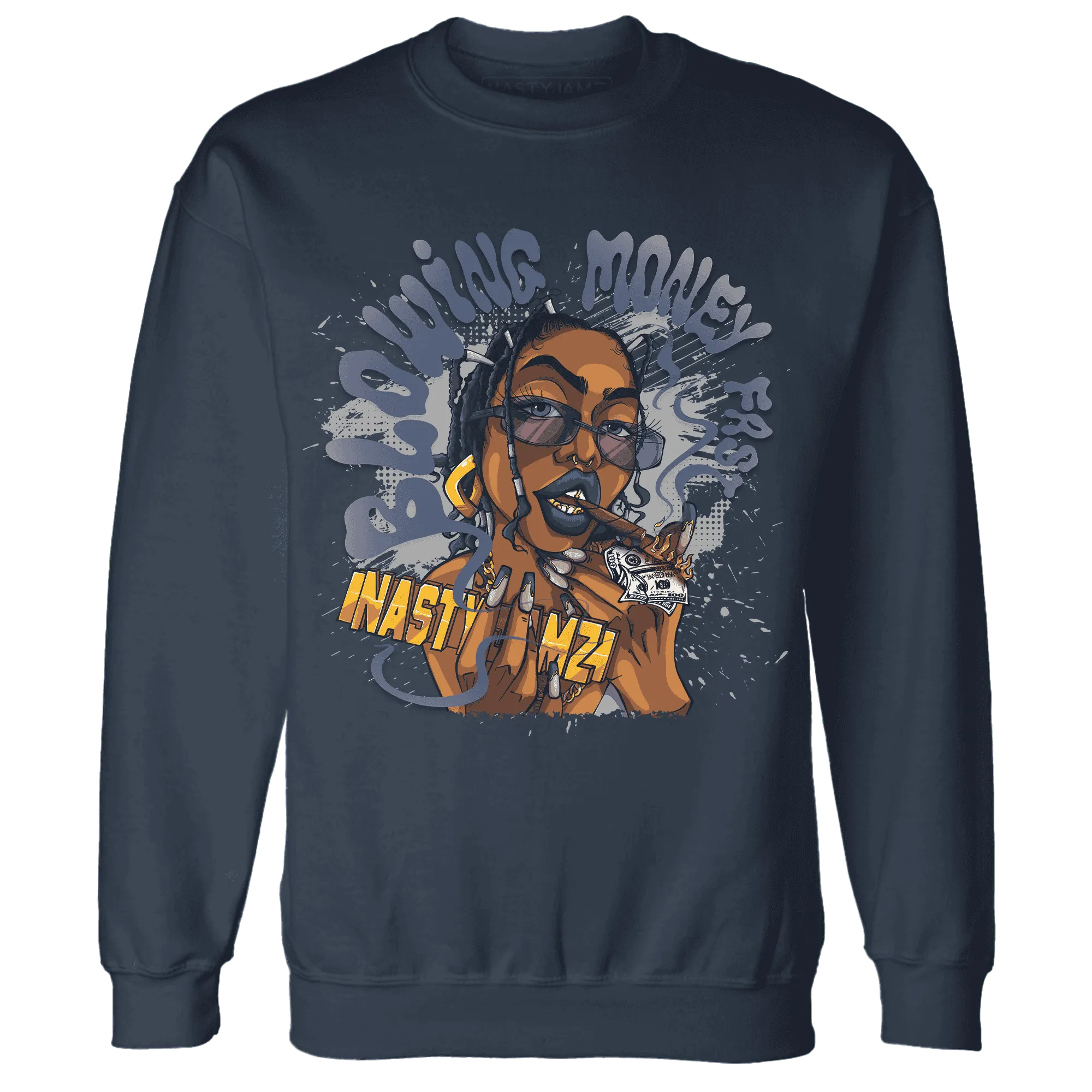 VaporMax-Plus-Midnight-Navy-White-Metallic-Silver-NastyJamz-Sweatshirt-Match-Blowing-Money-Fast-Girl