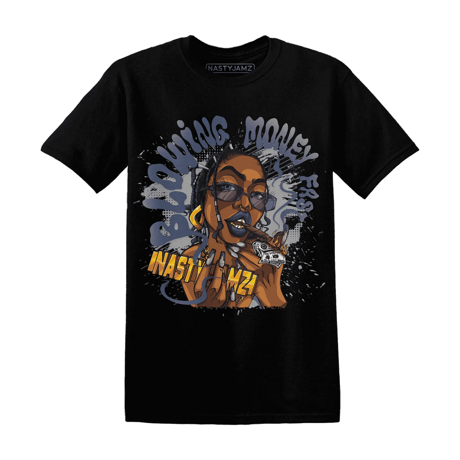 VaporMax-Plus-Midnight-Navy-White-Metallic-Silver-NastyJamz-T-Shirt-Match-Blowing-Money-Fast-Girl