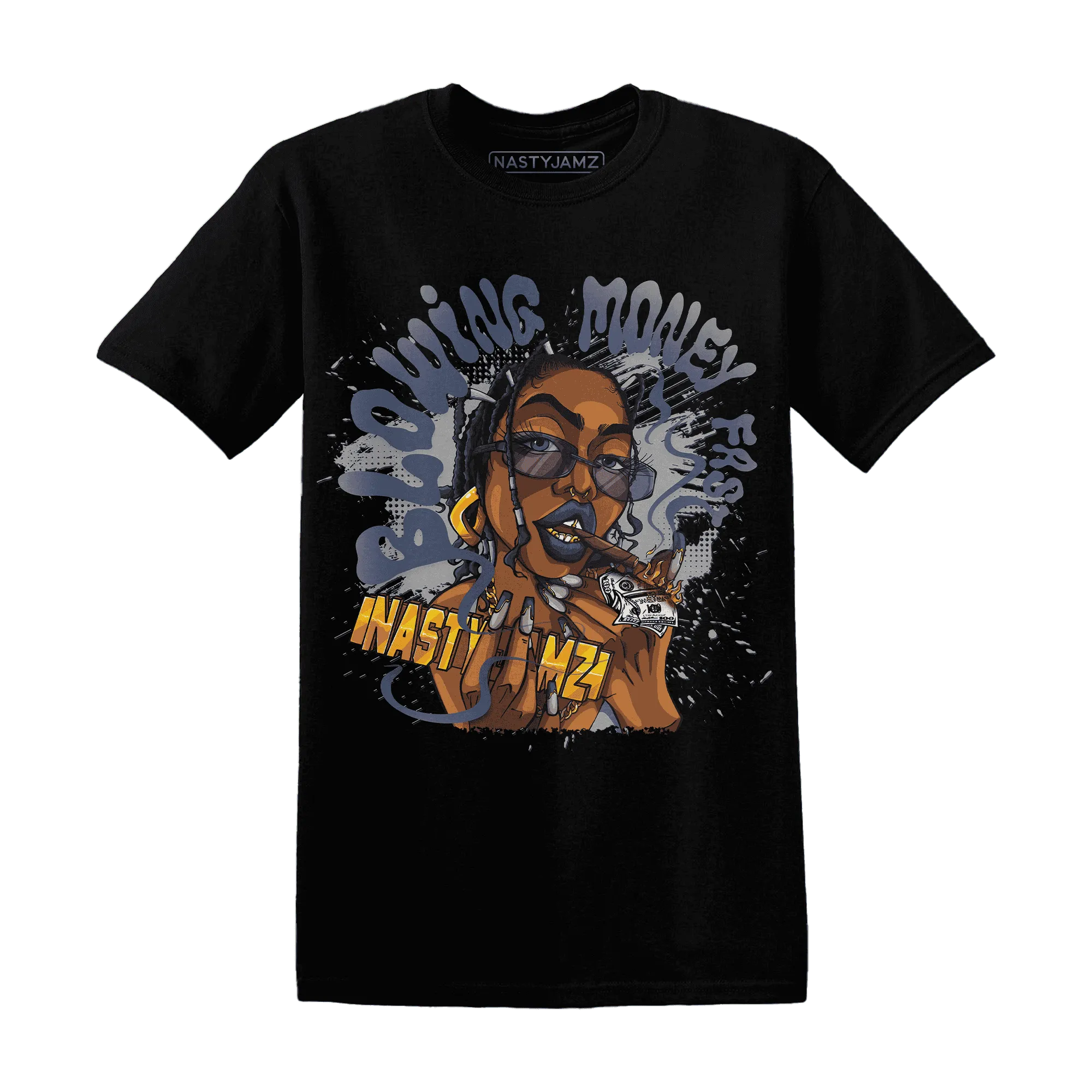 VaporMax-Plus-Midnight-Navy-White-Metallic-Silver-NastyJamz-T-Shirt-Match-Blowing-Money-Fast-Girl