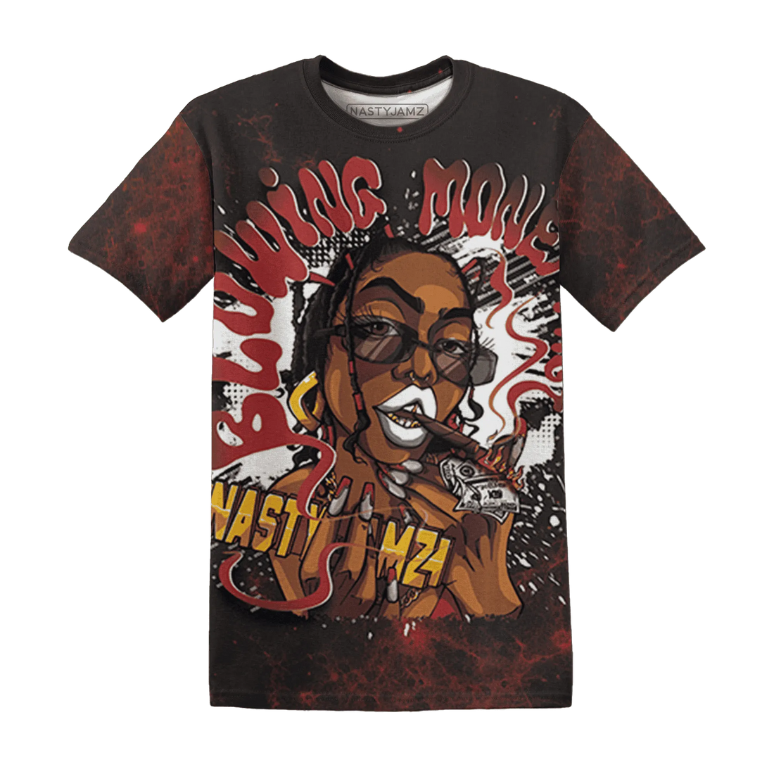 Black-Toe-Reimagined-Red-White-1s-NastyJamz-T-Shirt-Match-Blowing-Money-Fast-Girl-3D